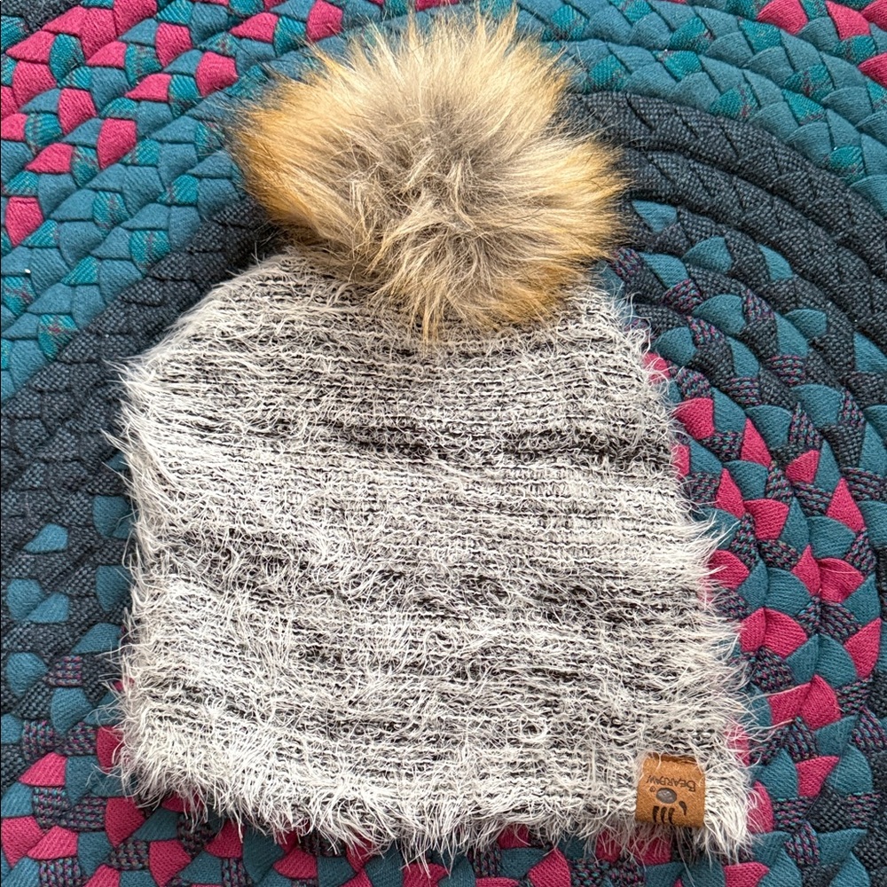 BearPaw Fuzzy Gray Beanie with Tan Pom-Pom